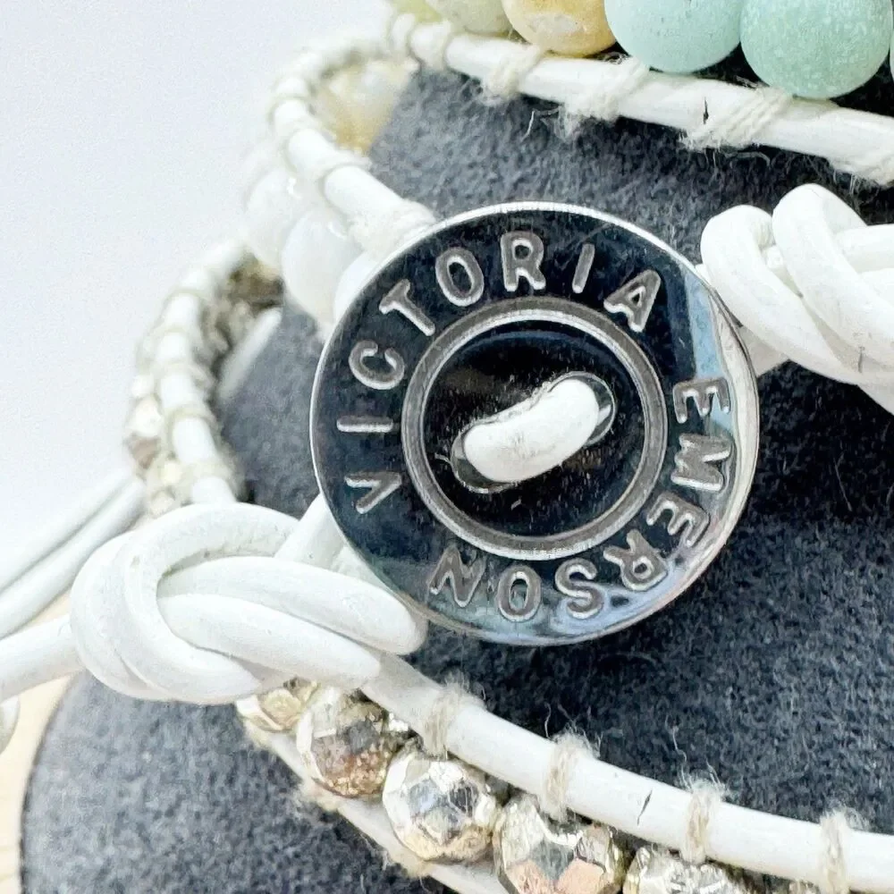 Victoria Emerson White Wrap Bracelet Muted Neutral Teal Stone And Silver Beads